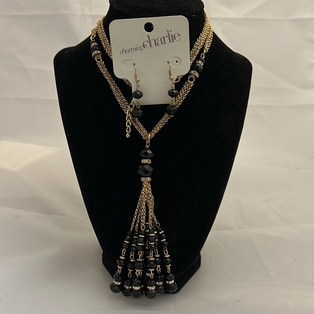 Charming Charlie Gold and Black Necklace Earring set